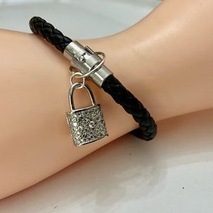 Black Braided Leather Bracelet with Padlock Charm